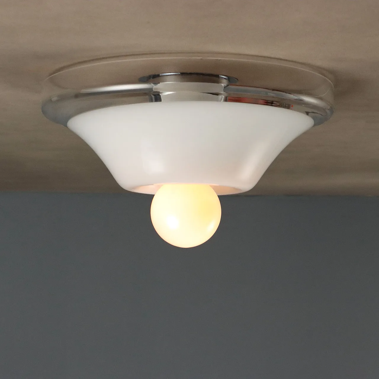 Lampada a plafone in betro bianco e trasparente, anni '70 3
