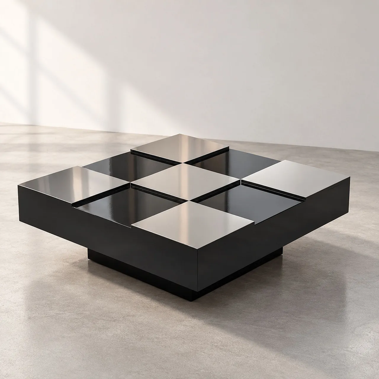 Black and Steel Square Coffee Table in the Style of Willy Rizzo 7