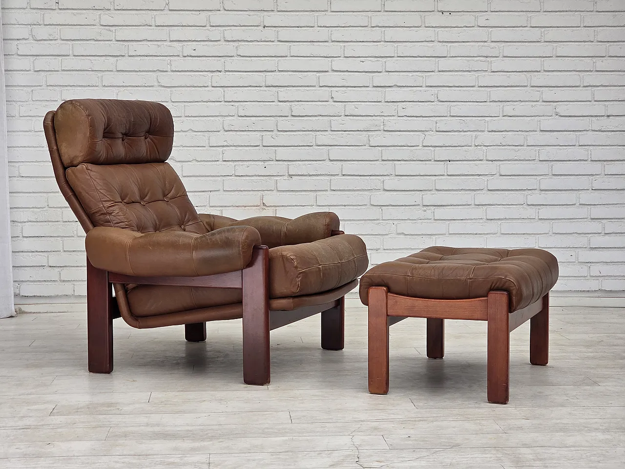 1970s, Swedish design, armchair with footstool, furniture leather. 1