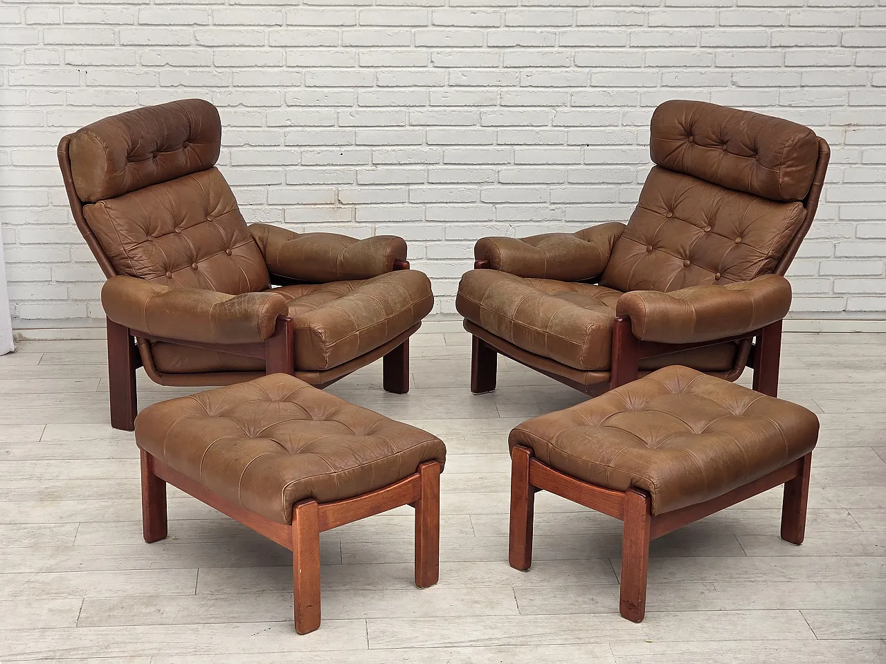 1970s, Swedish design, armchair with footstool, furniture leather. 2