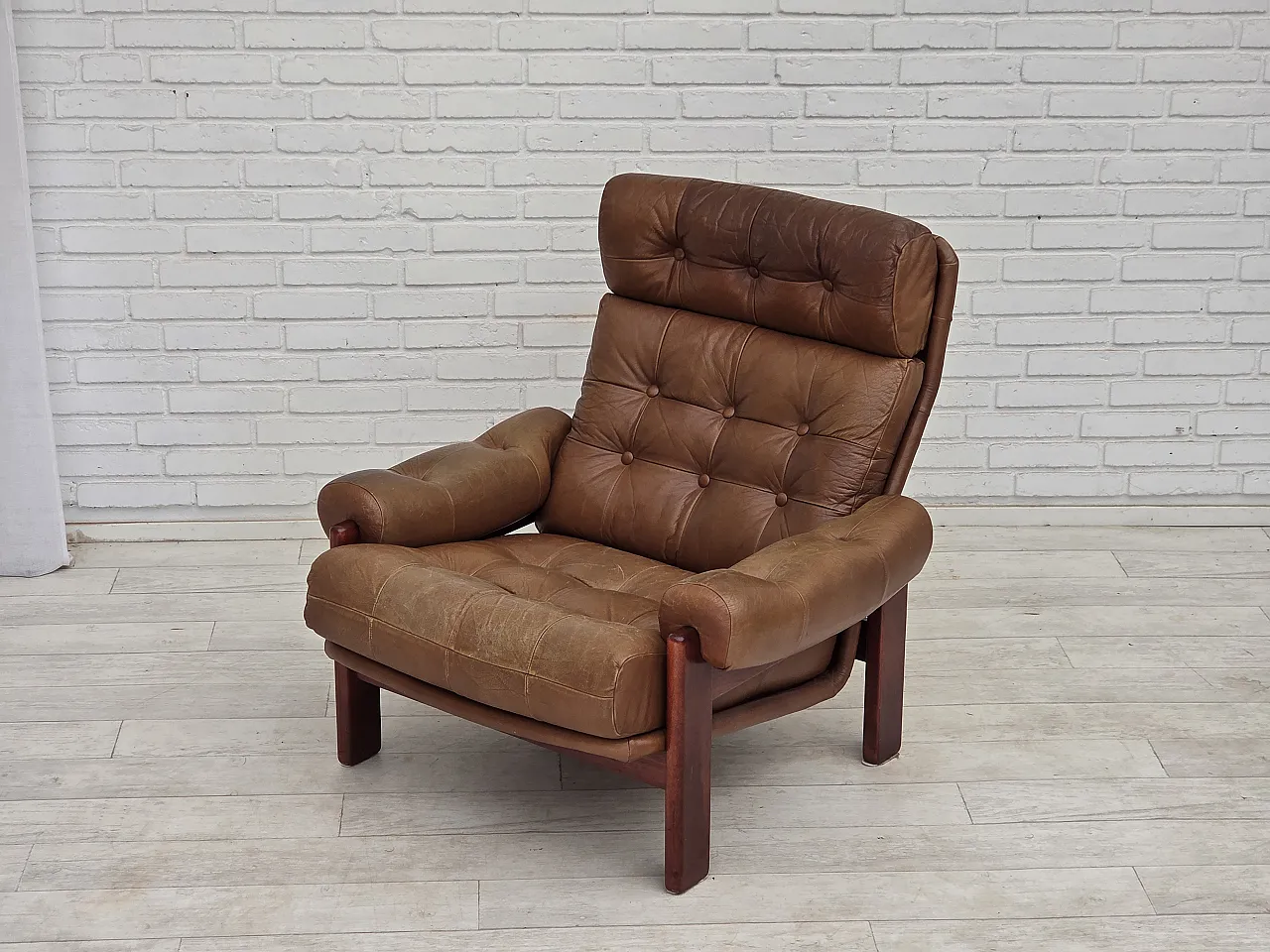 1970s, Swedish design, armchair with footstool, furniture leather. 5