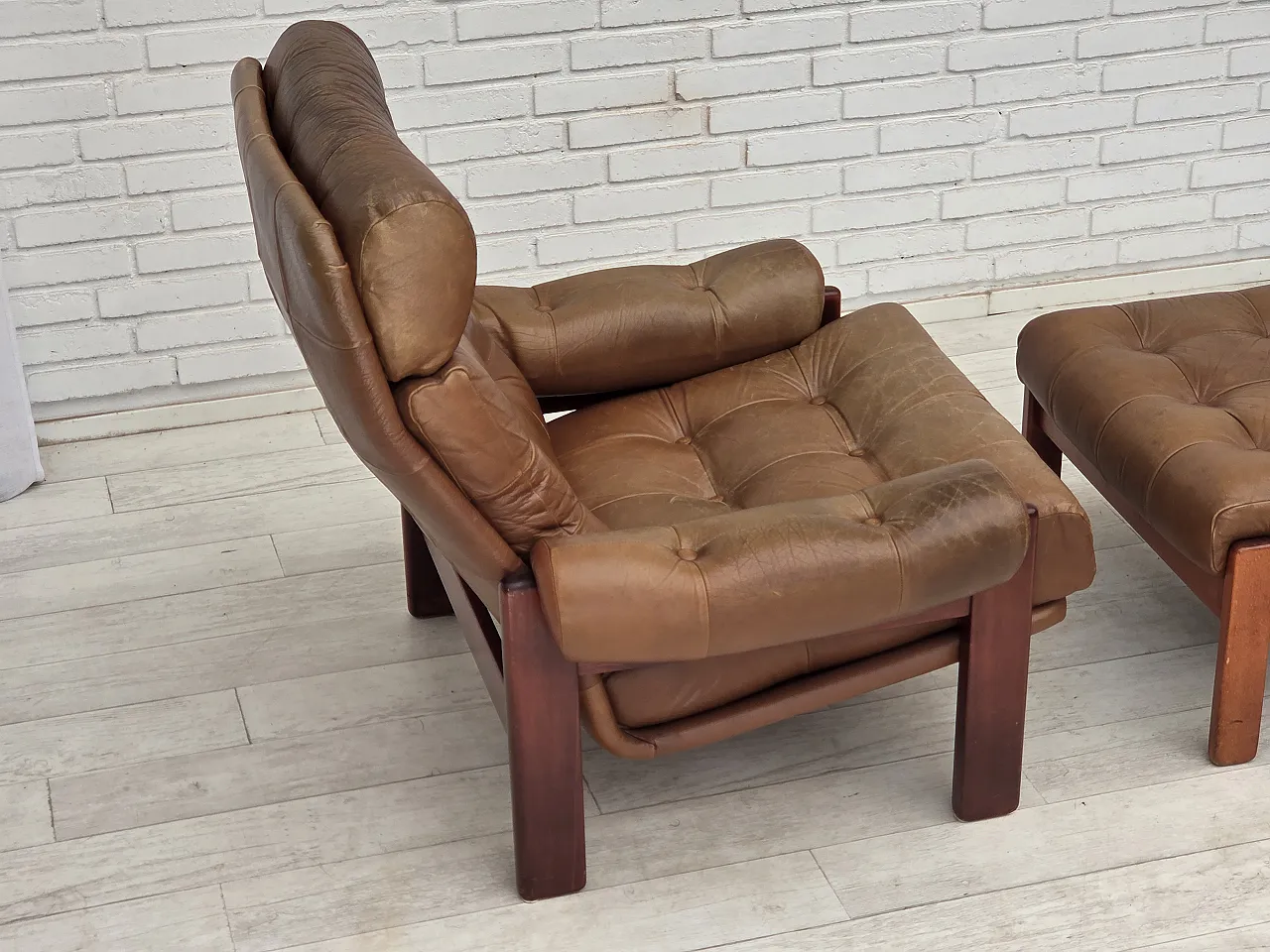 1970s, Swedish design, armchair with footstool, furniture leather. 12