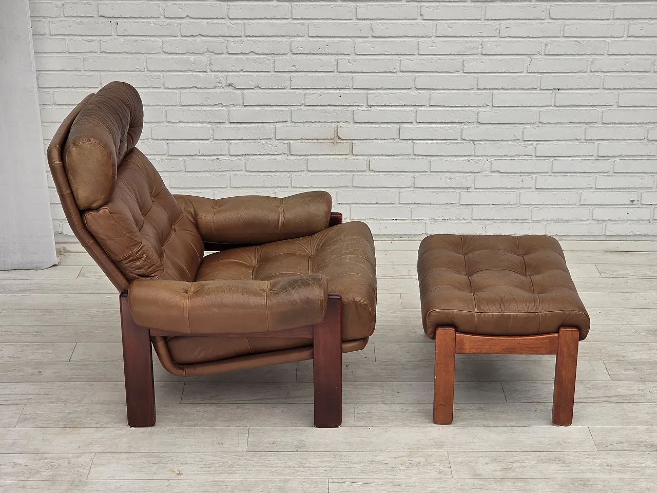 1970s, Swedish design, armchair with footstool, furniture leather. 13