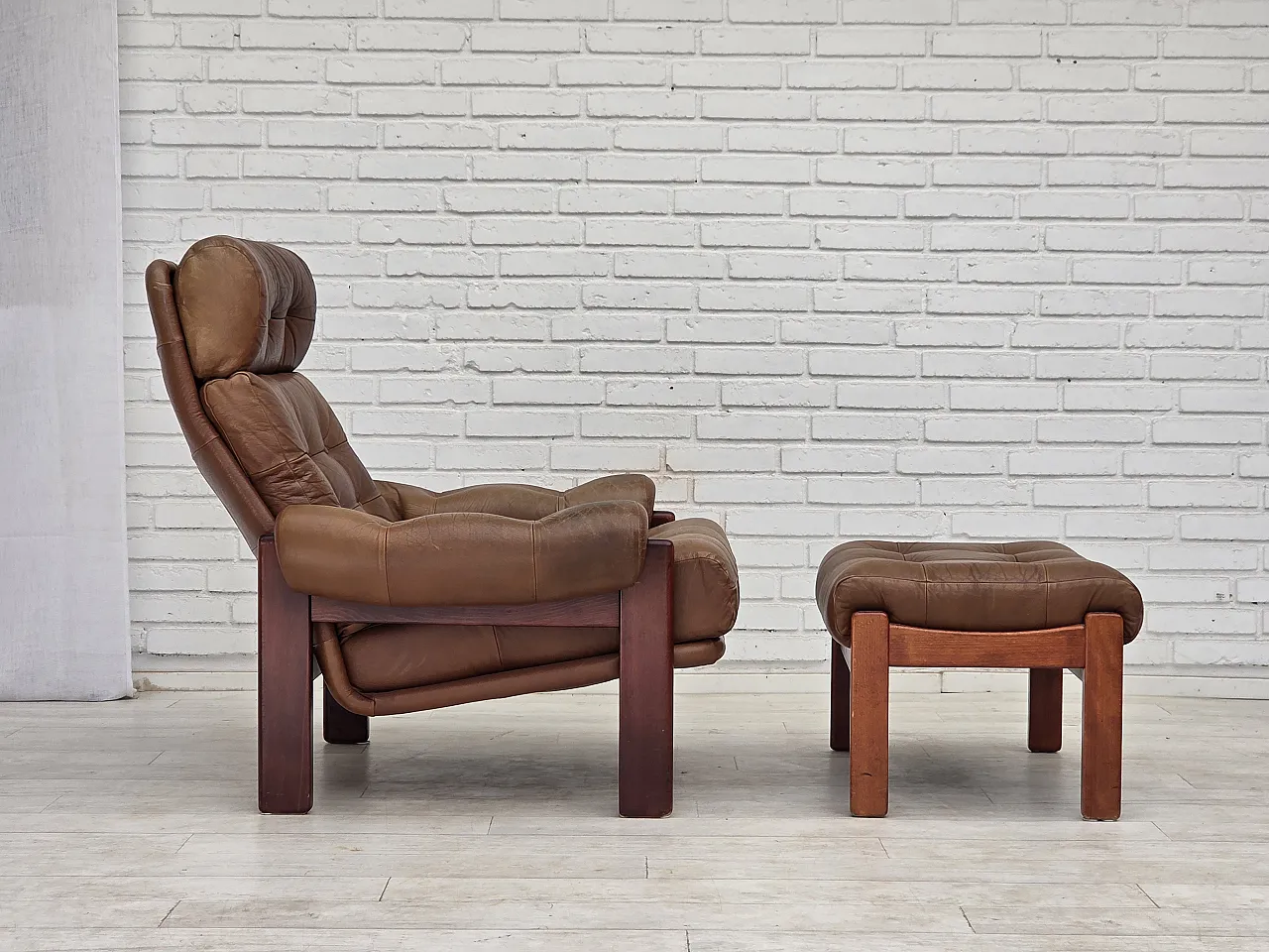 1970s, Swedish design, armchair with footstool, furniture leather. 14