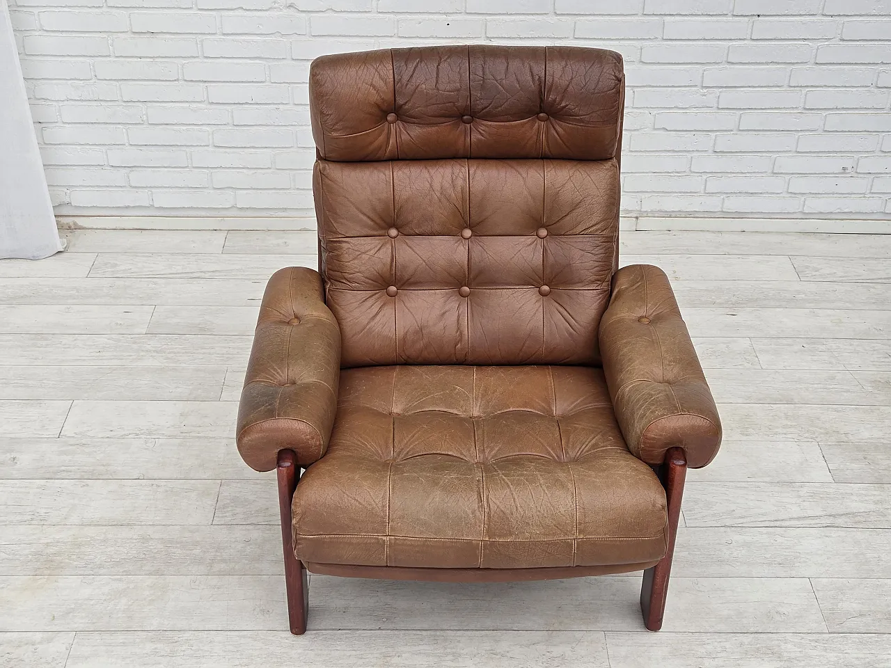 1970s, Swedish design, armchair with footstool, furniture leather. 15