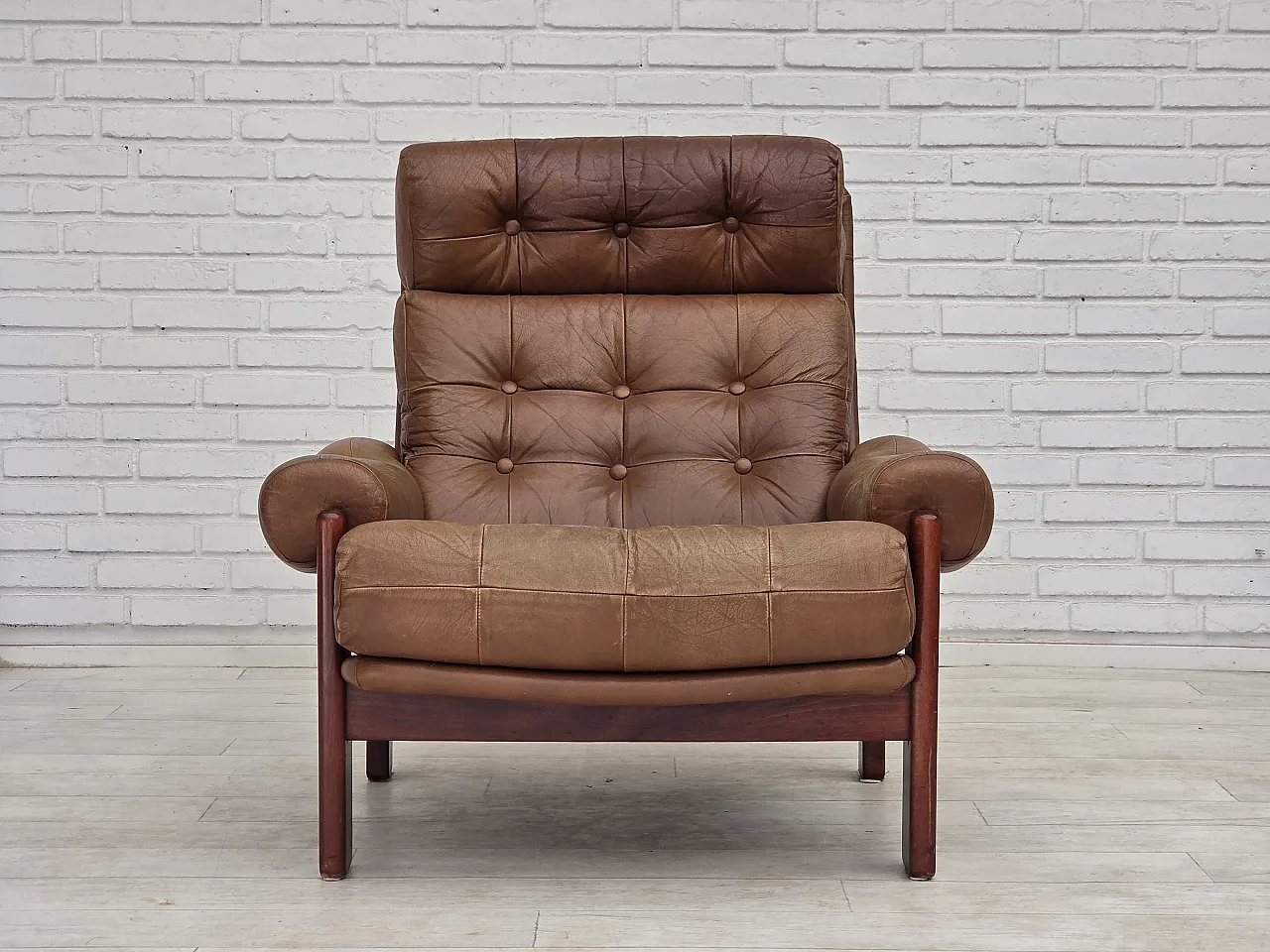 1970s, Swedish design, armchair with footstool, furniture leather. 17