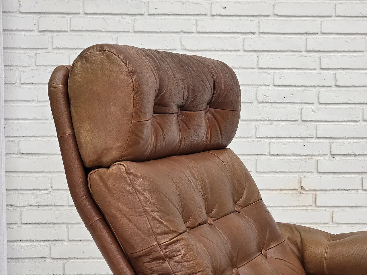 1970s, Swedish design, armchair with footstool, furniture leather. 21