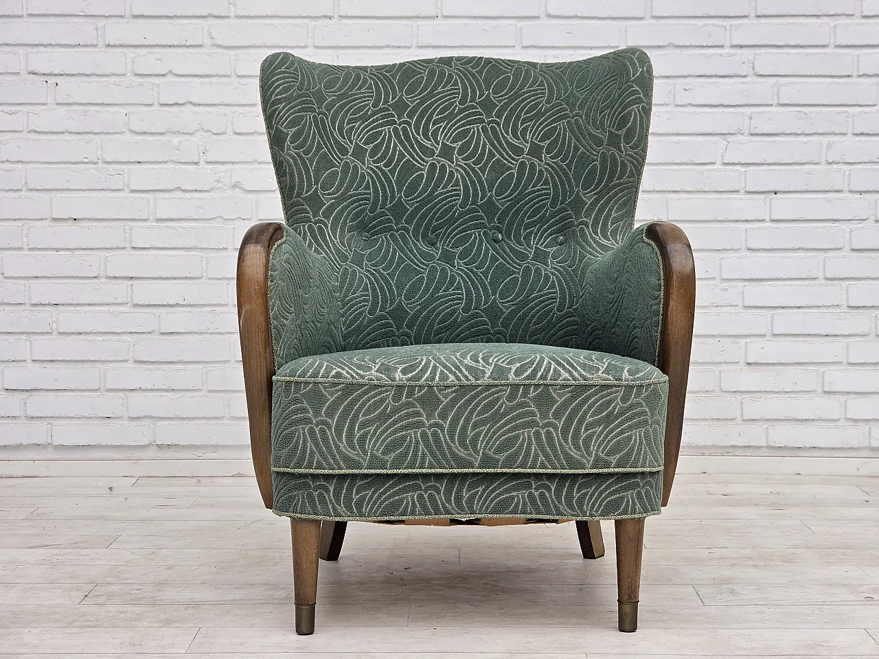 1960s, Danish armchair, green furniture velour, beech wood. 1