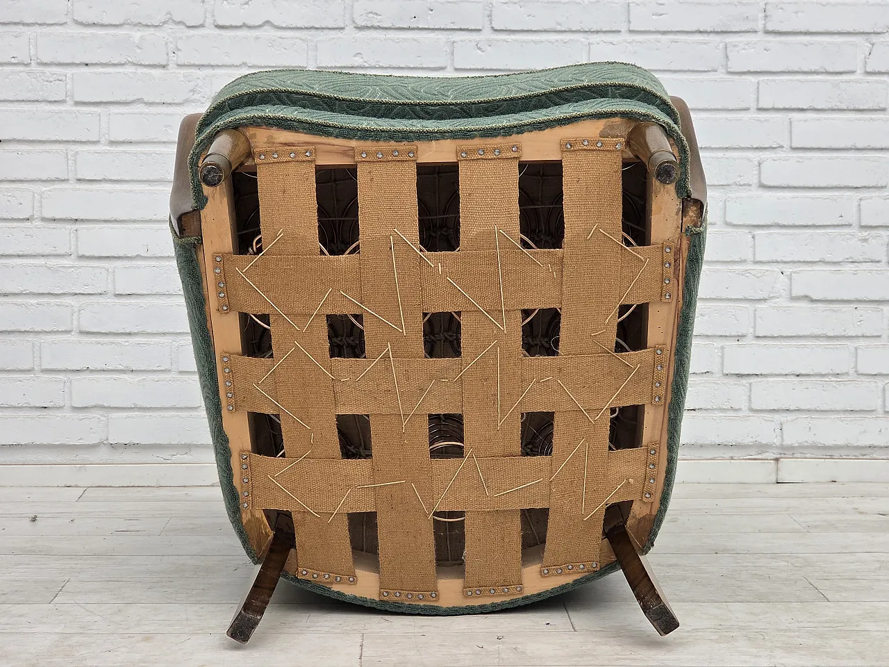 1960s, Danish armchair, green furniture velour, beech wood. 4
