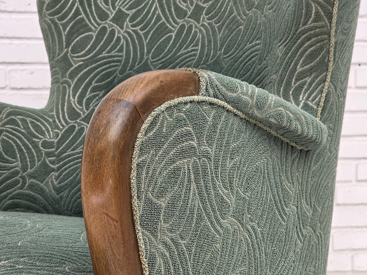 1960s, Danish armchair, green furniture velour, beech wood. 5