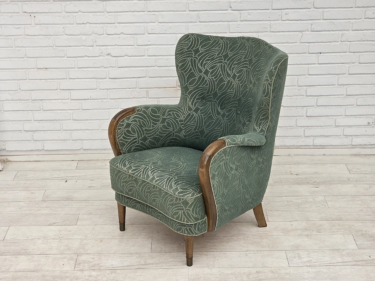 1960s, Danish armchair, green furniture velour, beech wood. 6