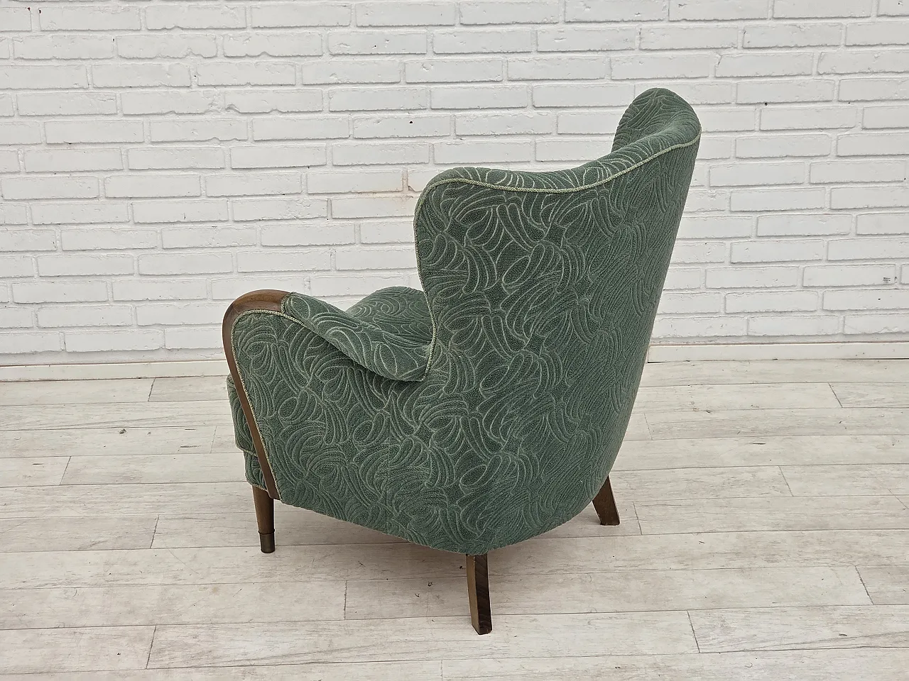 1960s, Danish armchair, green furniture velour, beech wood. 7