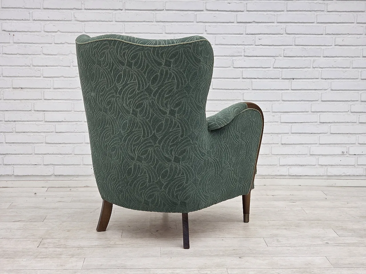 1960s, Danish armchair, green furniture velour, beech wood. 9