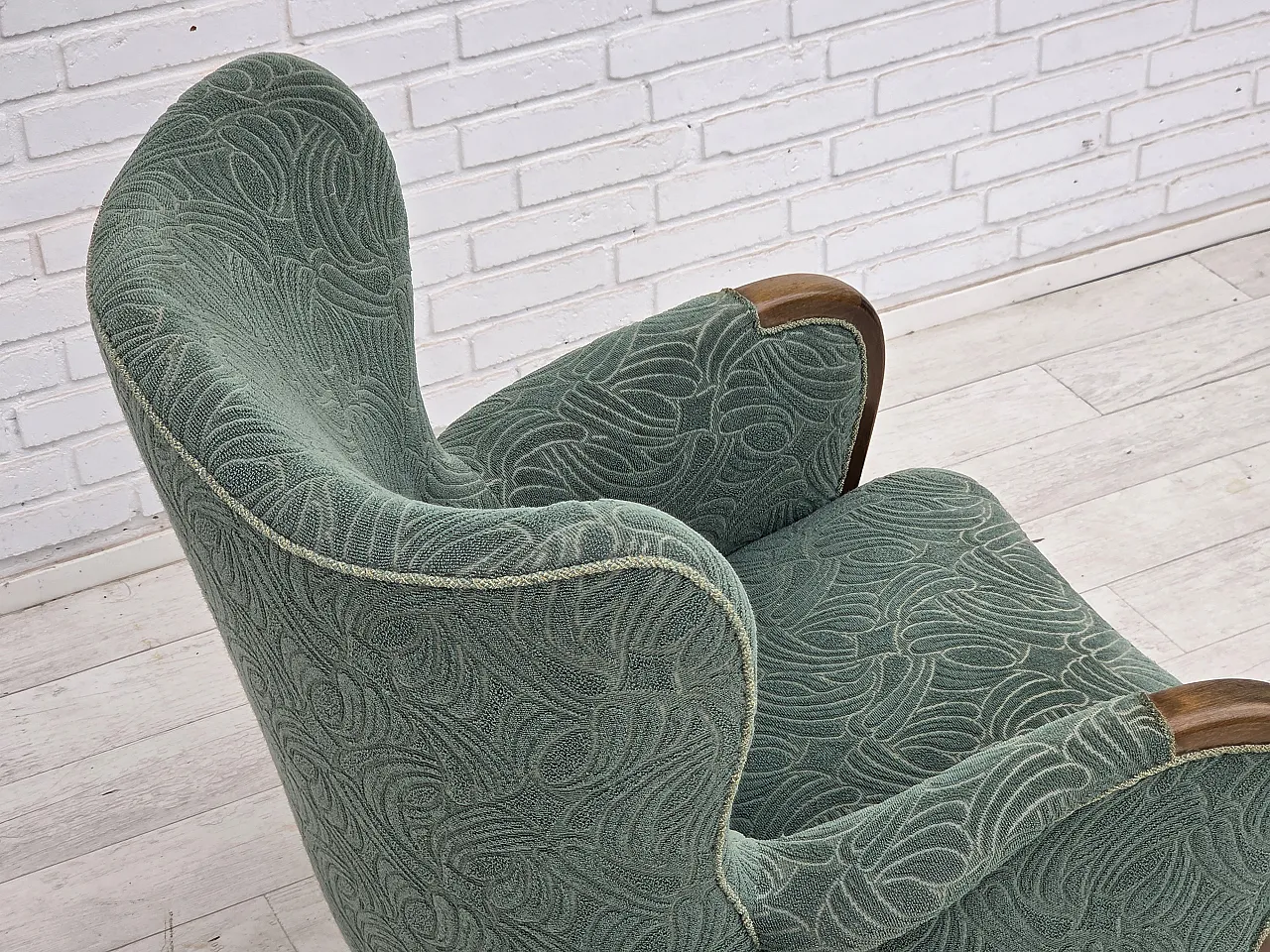 1960s, Danish armchair, green furniture velour, beech wood. 11