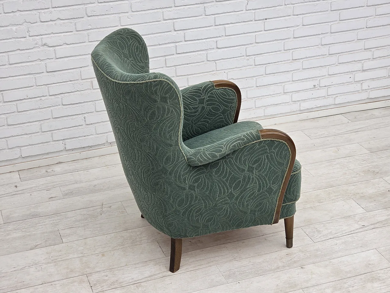 1960s, Danish armchair, green furniture velour, beech wood. 12