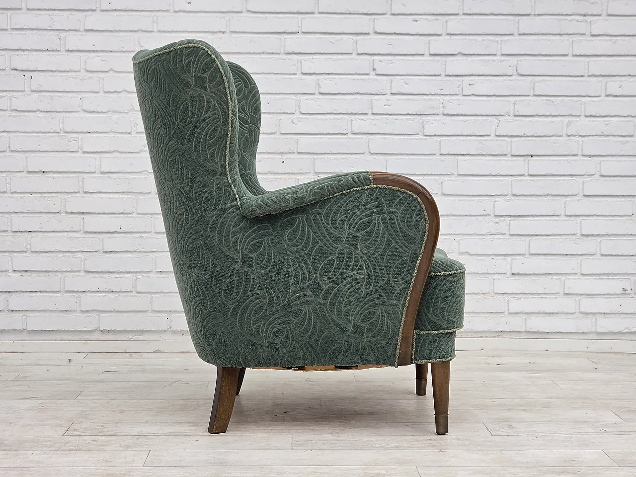 1960s, Danish armchair, green furniture velour, beech wood. 13