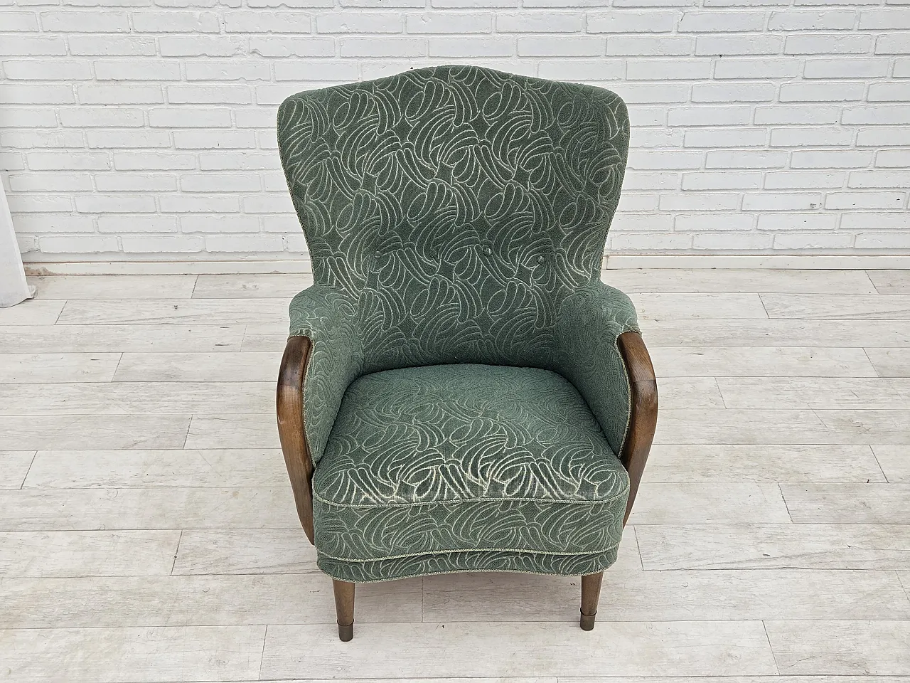 1960s, Danish armchair, green furniture velour, beech wood. 14