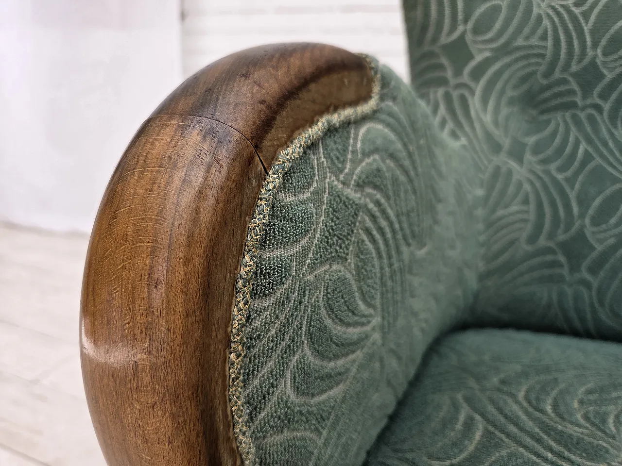 1960s, Danish armchair, green furniture velour, beech wood. 15