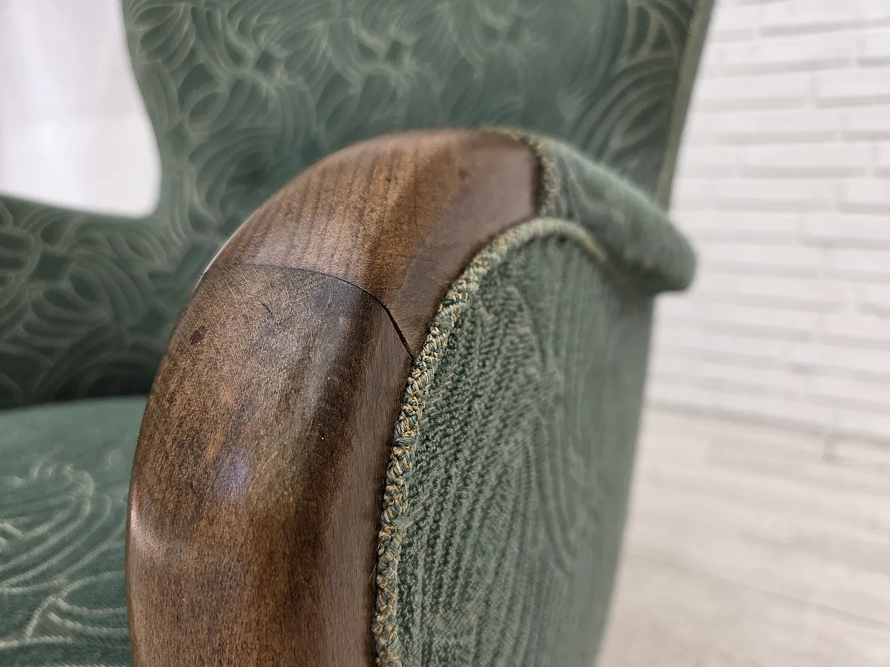 1960s, Danish armchair, green furniture velour, beech wood. 16