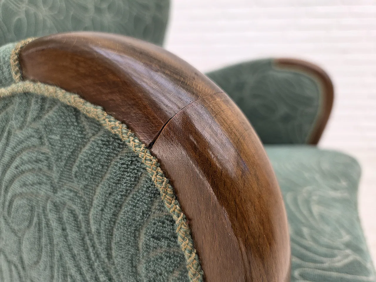 1960s, Danish armchair, green furniture velour, beech wood. 19