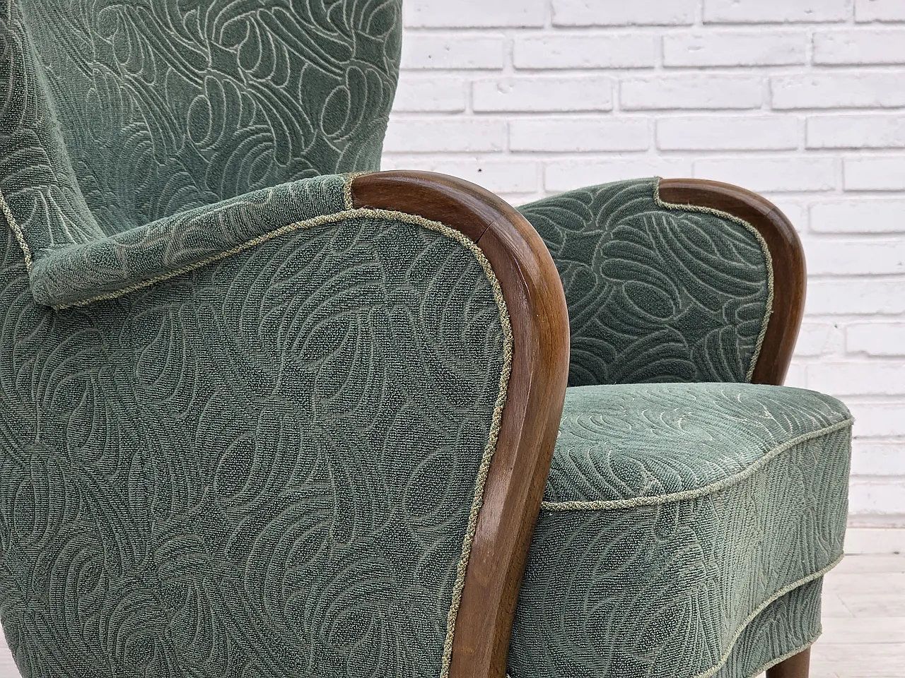 1960s, Danish armchair, green furniture velour, beech wood. 21