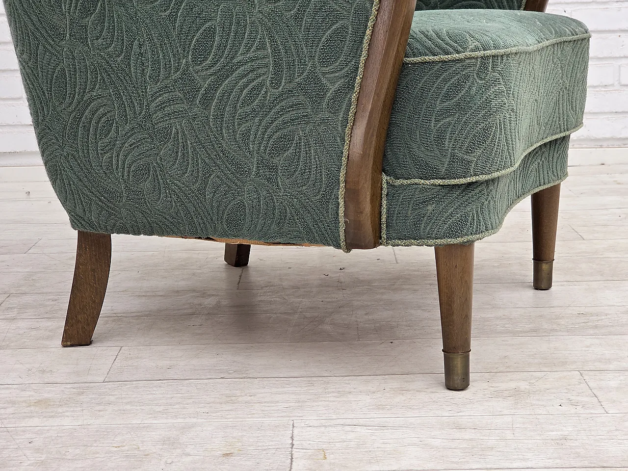 1960s, Danish armchair, green furniture velour, beech wood. 22