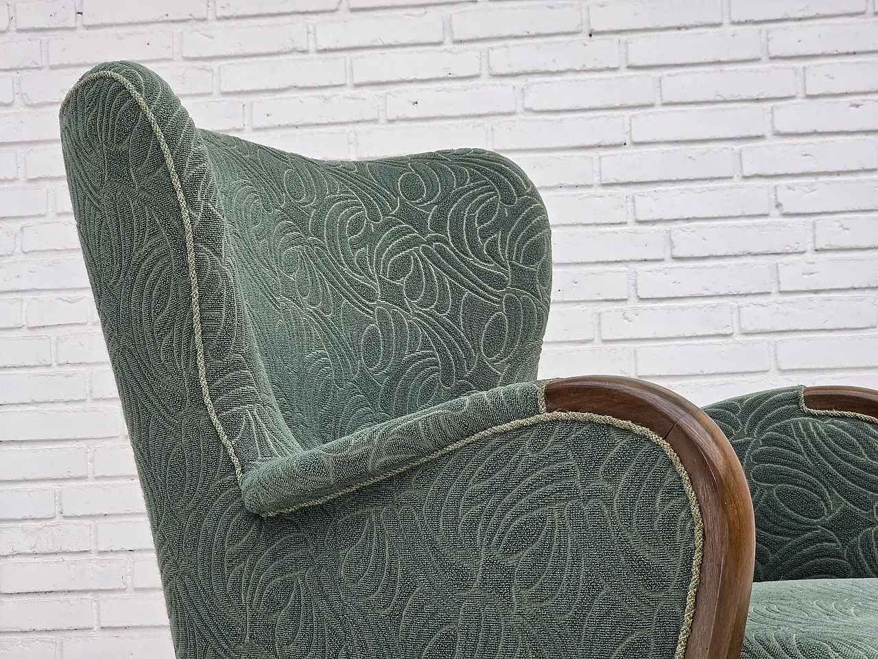 1960s, Danish armchair, green furniture velour, beech wood. 23