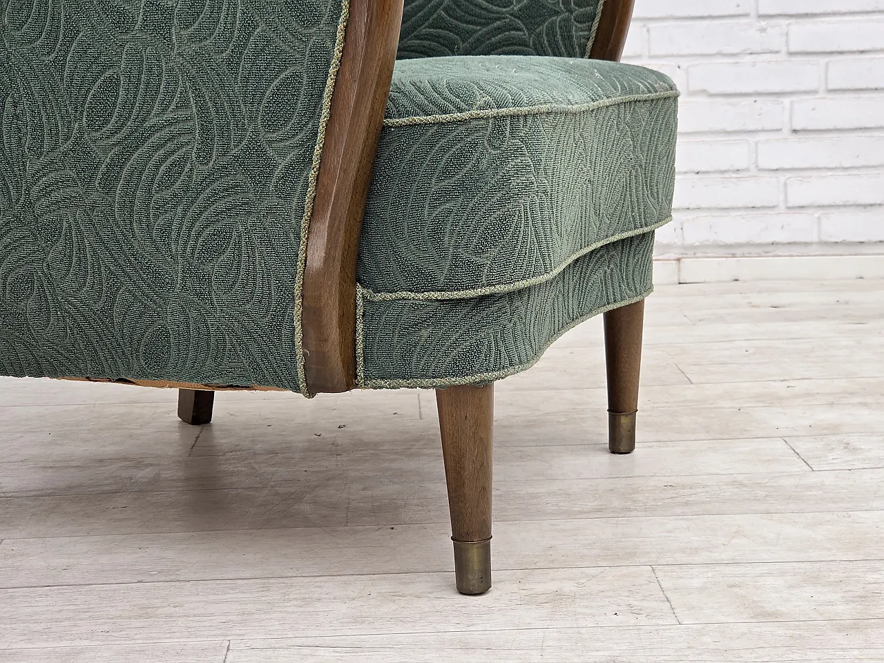 1960s, Danish armchair, green furniture velour, beech wood. 24