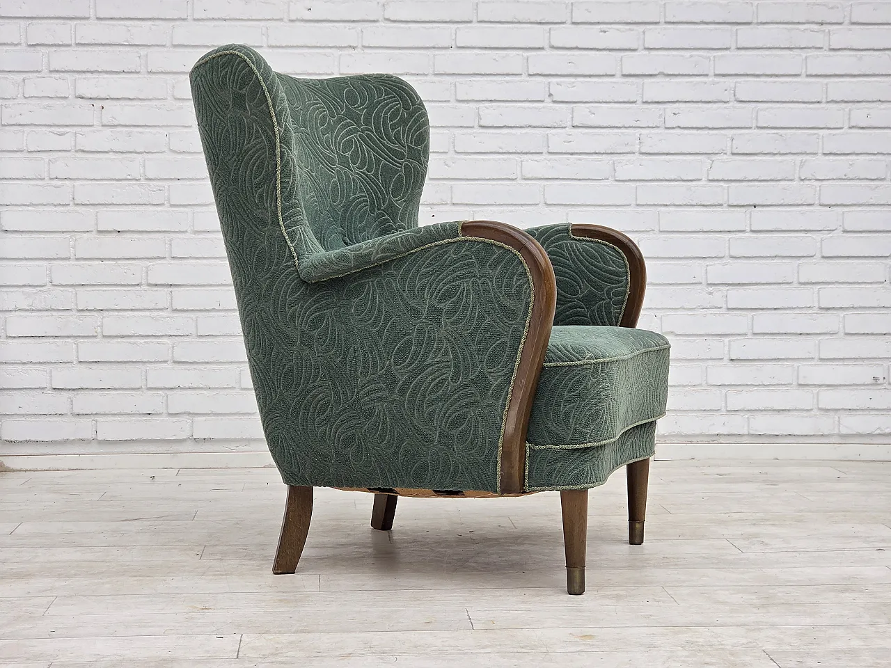 1960s, Danish armchair, green furniture velour, beech wood. 25