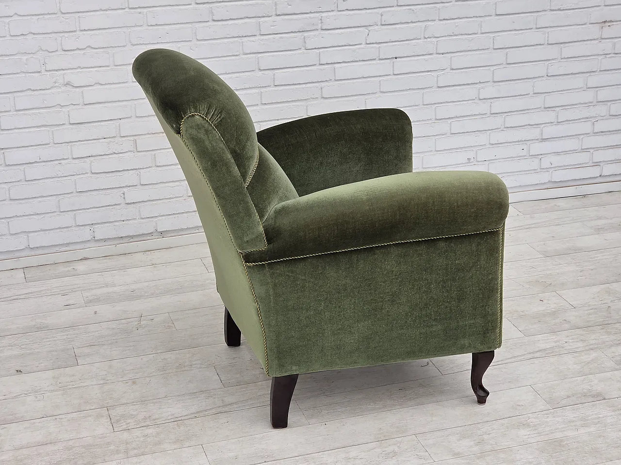 1950s, Danish highback relax armchair, furniture velour, beech wood. 9