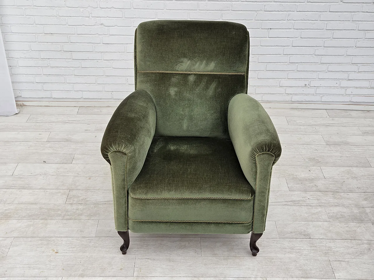1950s, Danish highback relax armchair, furniture velour, beech wood. 13