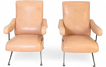 Pair of reclining armchairs in light leather with metal frame, 1960s