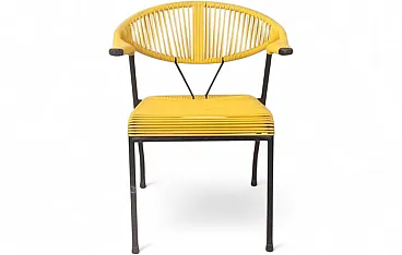 Garden chair in woven yellow plastic with iron frame, 1980s