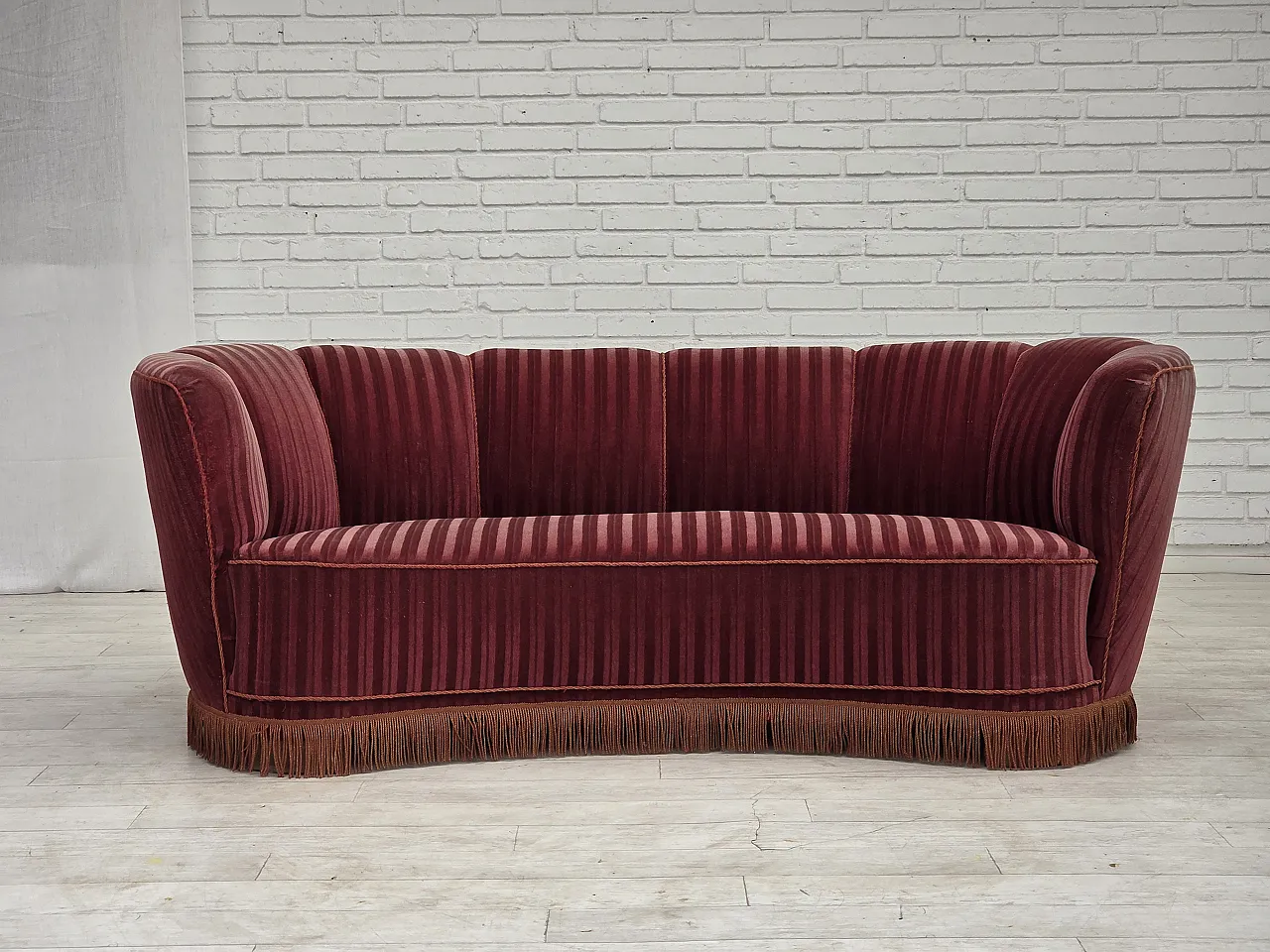 1960s, Danish 2-seater "Banan" sofa, furniture velour, oak wood. 1