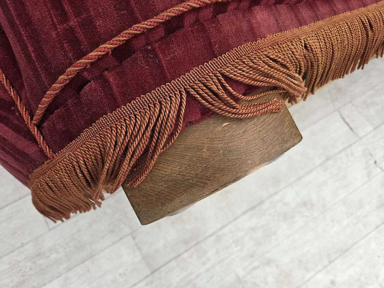 1960s, Danish 2-seater "Banan" sofa, furniture velour, oak wood. 2
