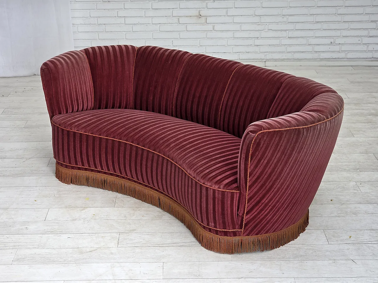 1960s, Danish 2-seater "Banan" sofa, furniture velour, oak wood. 5