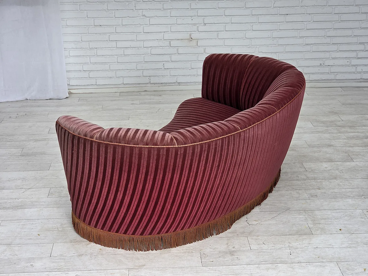 1960s, Danish 2-seater "Banan" sofa, furniture velour, oak wood. 6