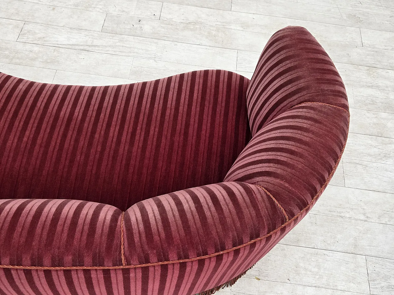1960s, Danish 2-seater "Banan" sofa, furniture velour, oak wood. 7
