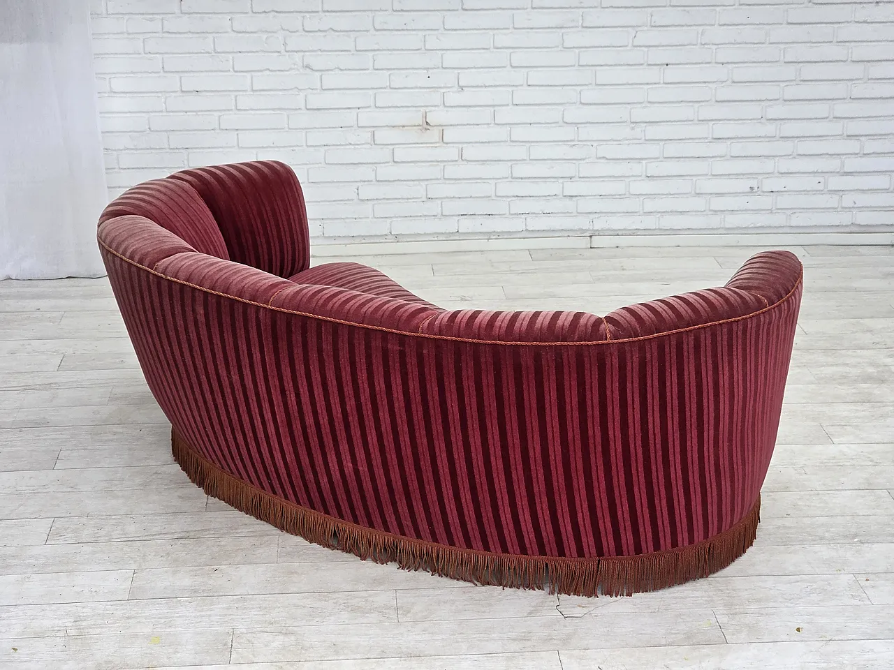 1960s, Danish 2-seater "Banan" sofa, furniture velour, oak wood. 10
