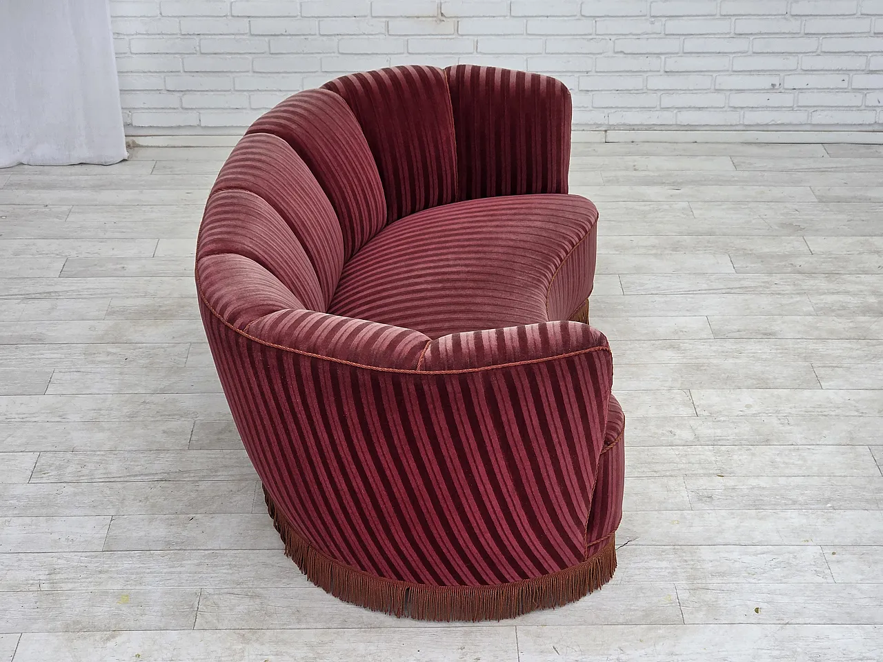 1960s, Danish 2-seater "Banan" sofa, furniture velour, oak wood. 11