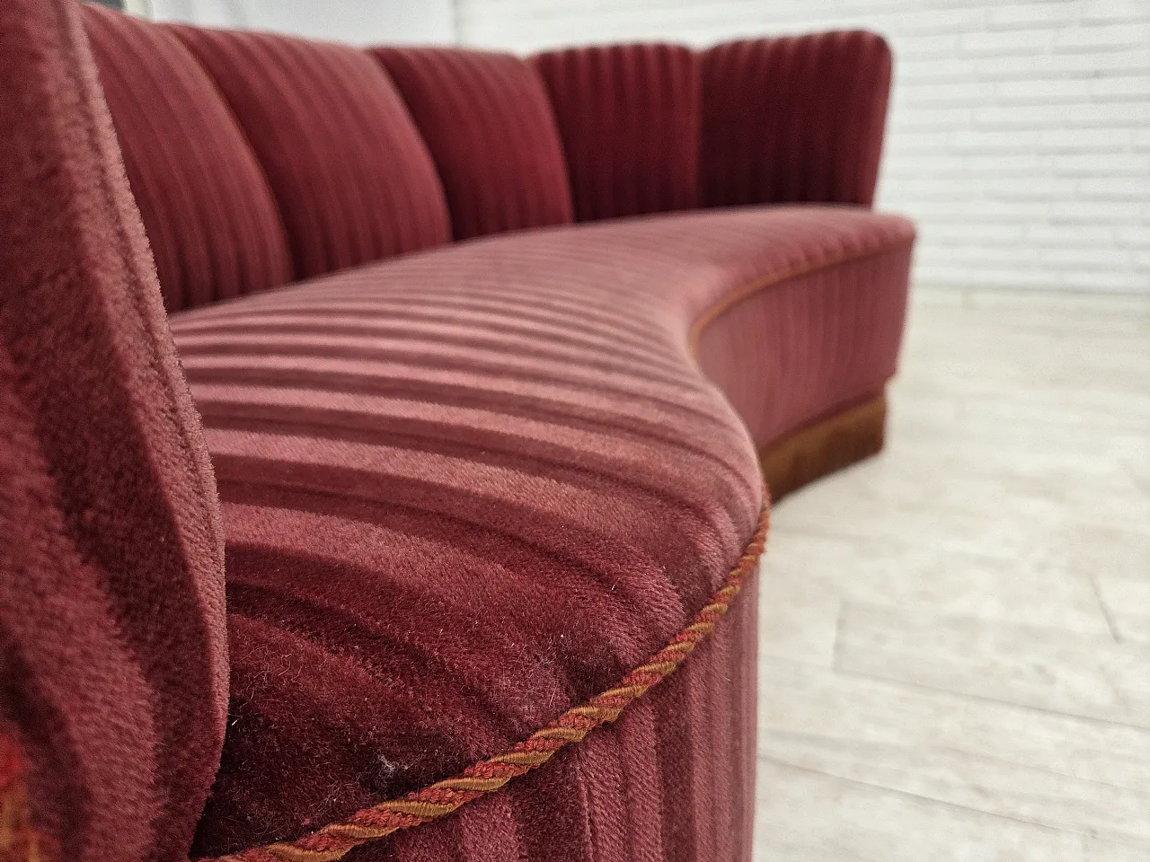 1960s, Danish 2-seater "Banan" sofa, furniture velour, oak wood. 13