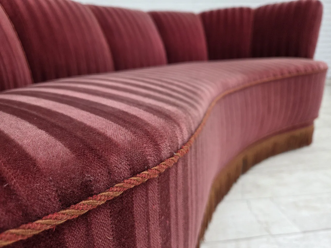1960s, Danish 2-seater "Banan" sofa, furniture velour, oak wood. 15