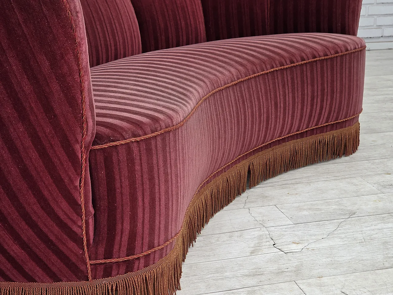 1960s, Danish 2-seater "Banan" sofa, furniture velour, oak wood. 16