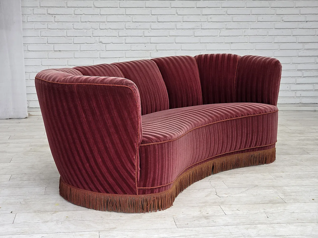 1960s, Danish 2-seater "Banan" sofa, furniture velour, oak wood. 17