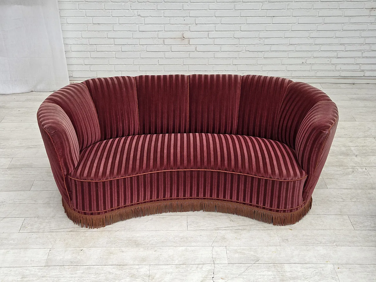 1960s, Danish 2-seater "Banan" sofa, furniture velour, oak wood. 19