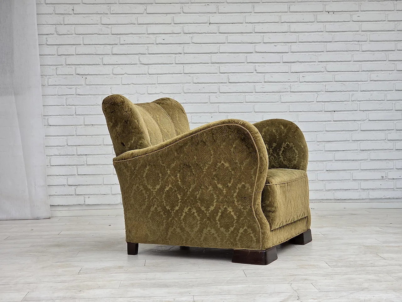 1950s, Danish relax chair, furniture velour, oak wood. 1