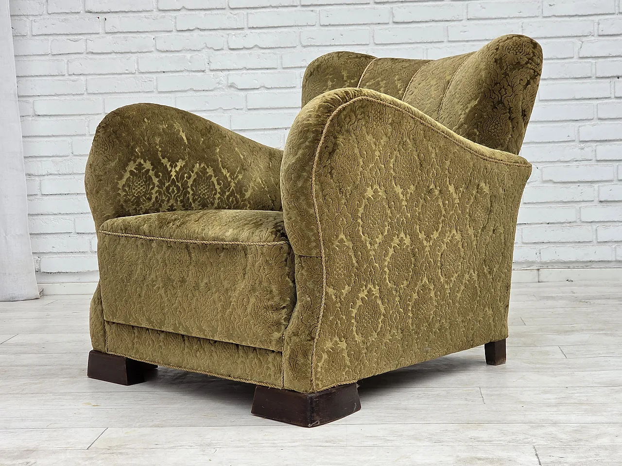 1950s, Danish relax chair, furniture velour, oak wood. 4