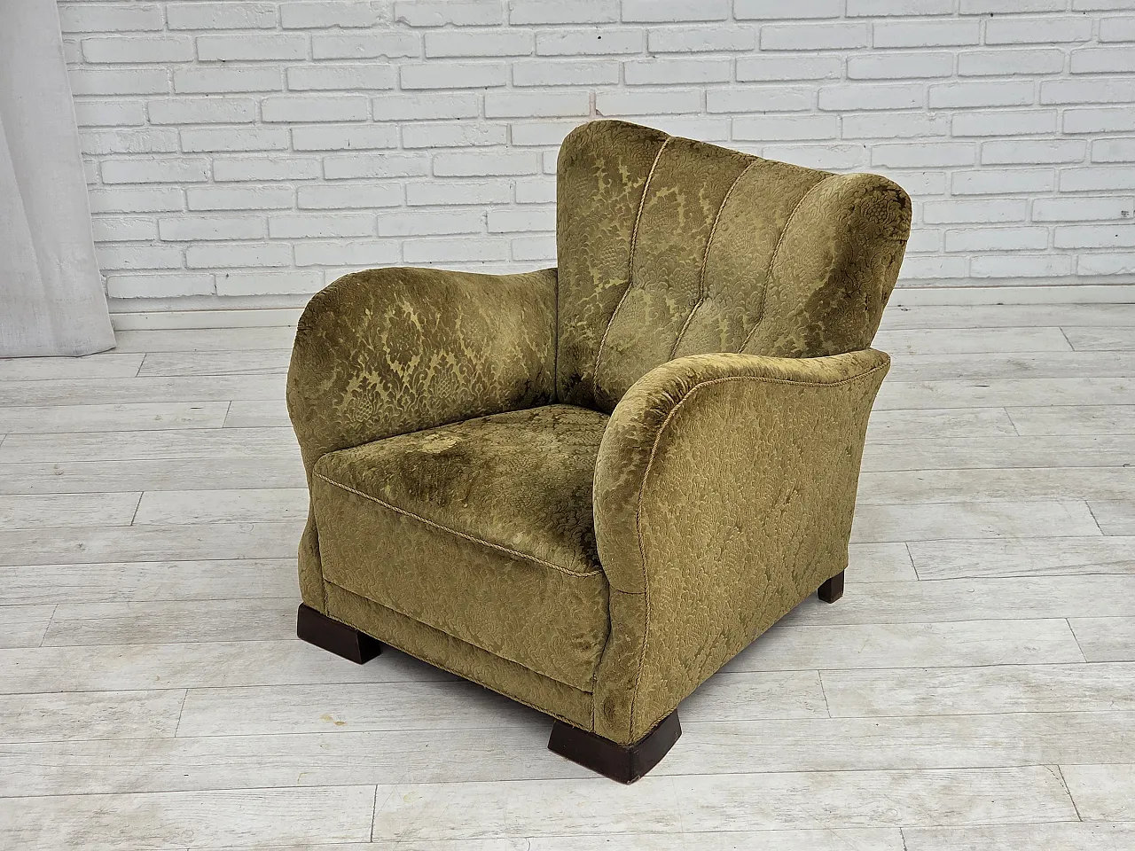 1950s, Danish relax chair, furniture velour, oak wood. 5