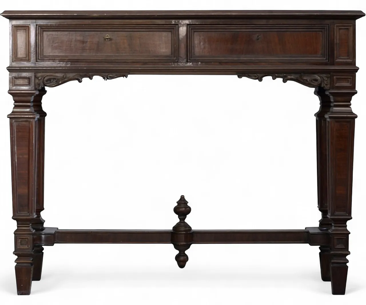 Mid-Century walnut and burl wood console table, 1950s 10