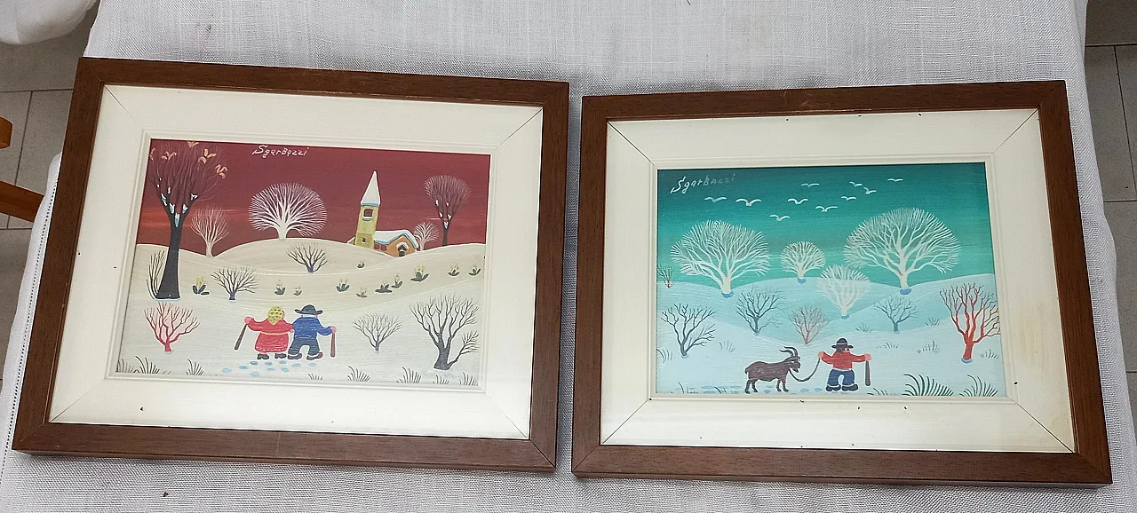Pair of Naive Oil Paintings on Wood - Signed by Sgarbozzi 1